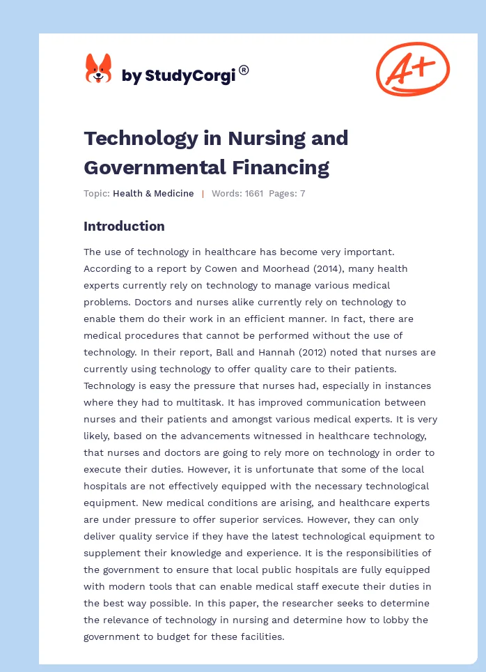Technology in Nursing and Governmental Financing. Page 1