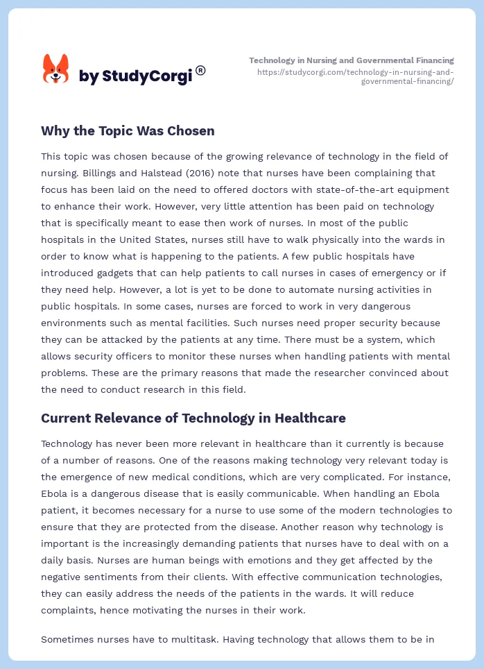 Technology in Nursing and Governmental Financing. Page 2
