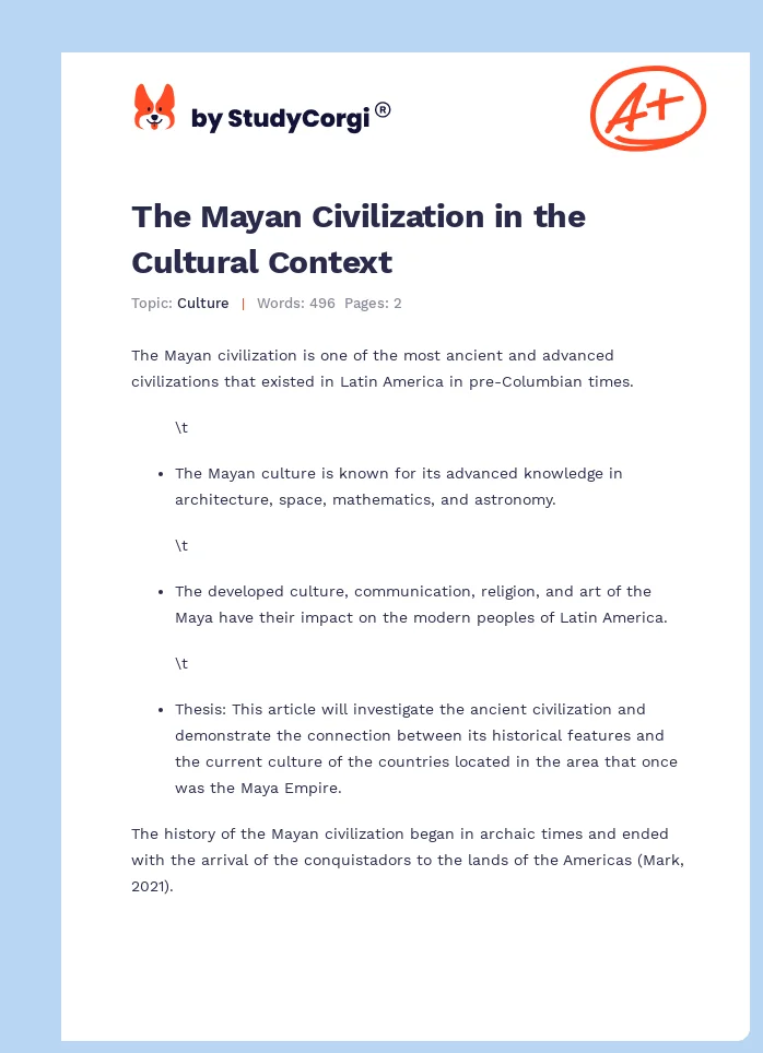 The Mayan Civilization in the Cultural Context. Page 1