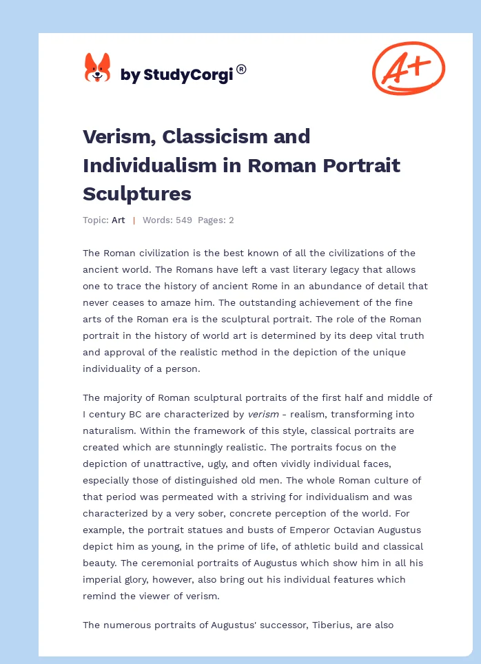 Verism, Classicism and Individualism in Roman Portrait Sculptures. Page 1