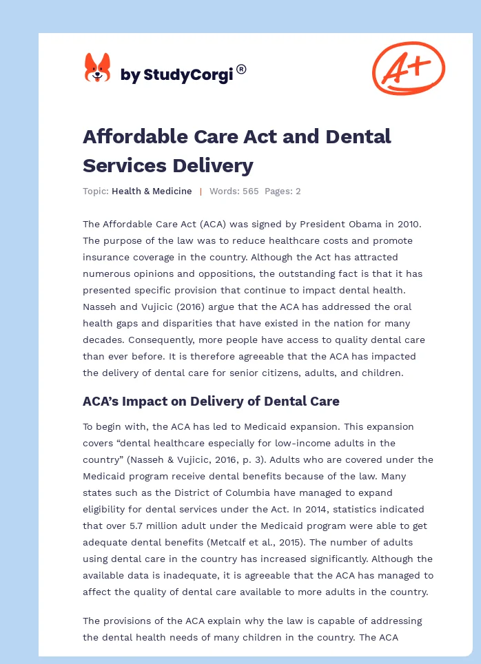 Affordable Care Act and Dental Services Delivery. Page 1