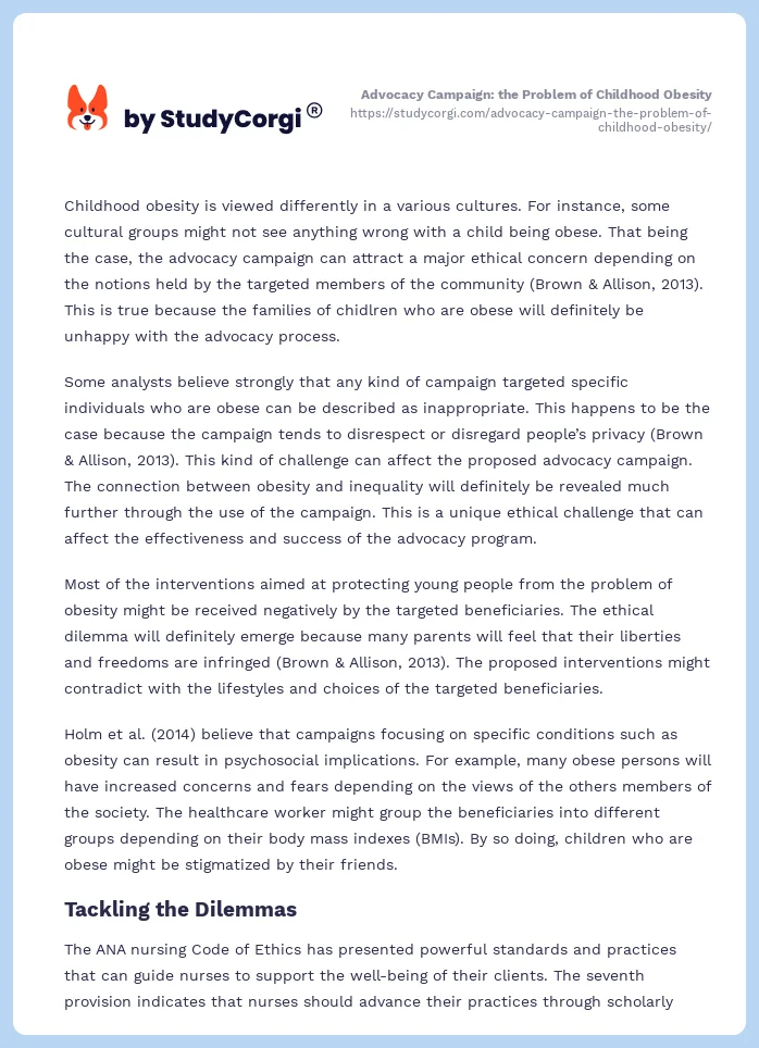 Advocacy Campaign: the Problem of Childhood Obesity. Page 2