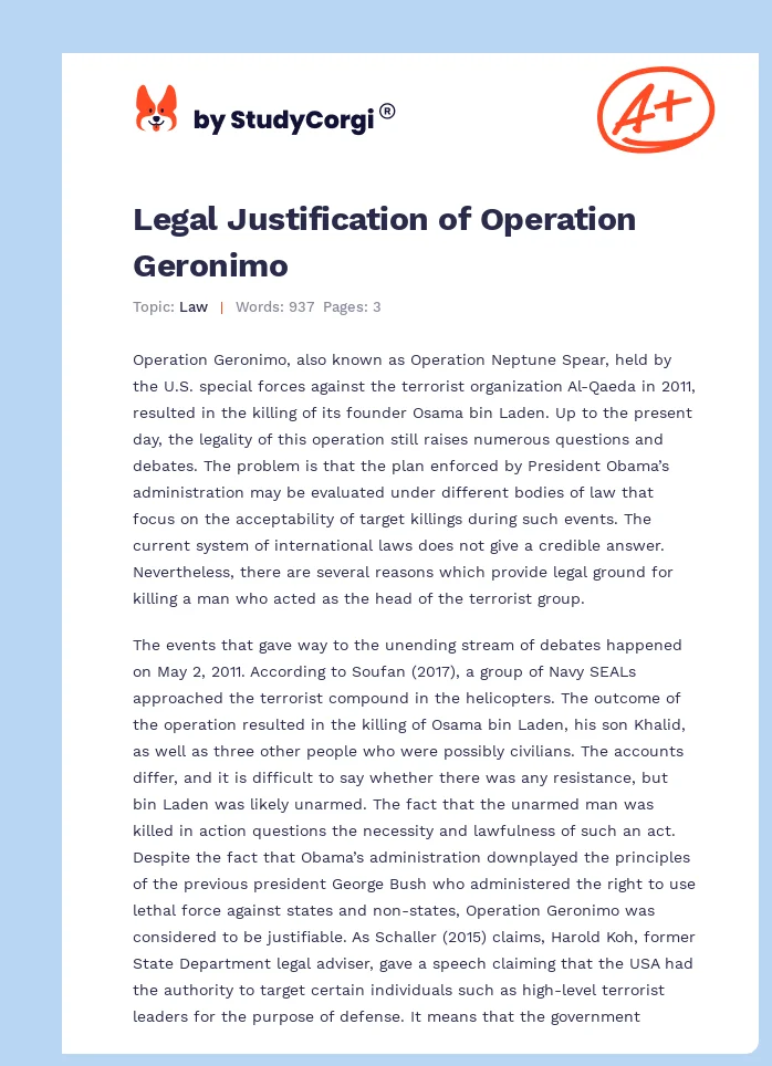 Legal Justification of Operation Geronimo. Page 1