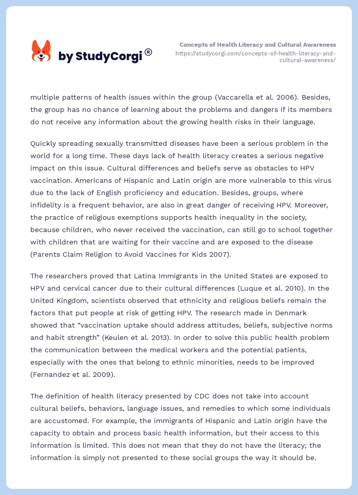Concepts of Health Literacy and Cultural Awareness. Page 2