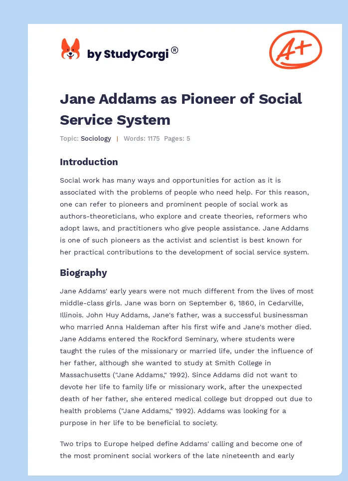 Jane Addams as Pioneer of Social Service System. Page 1