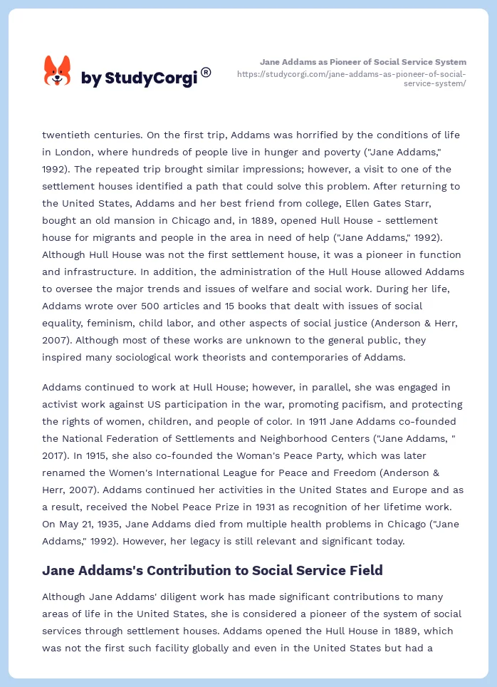 Jane Addams as Pioneer of Social Service System. Page 2