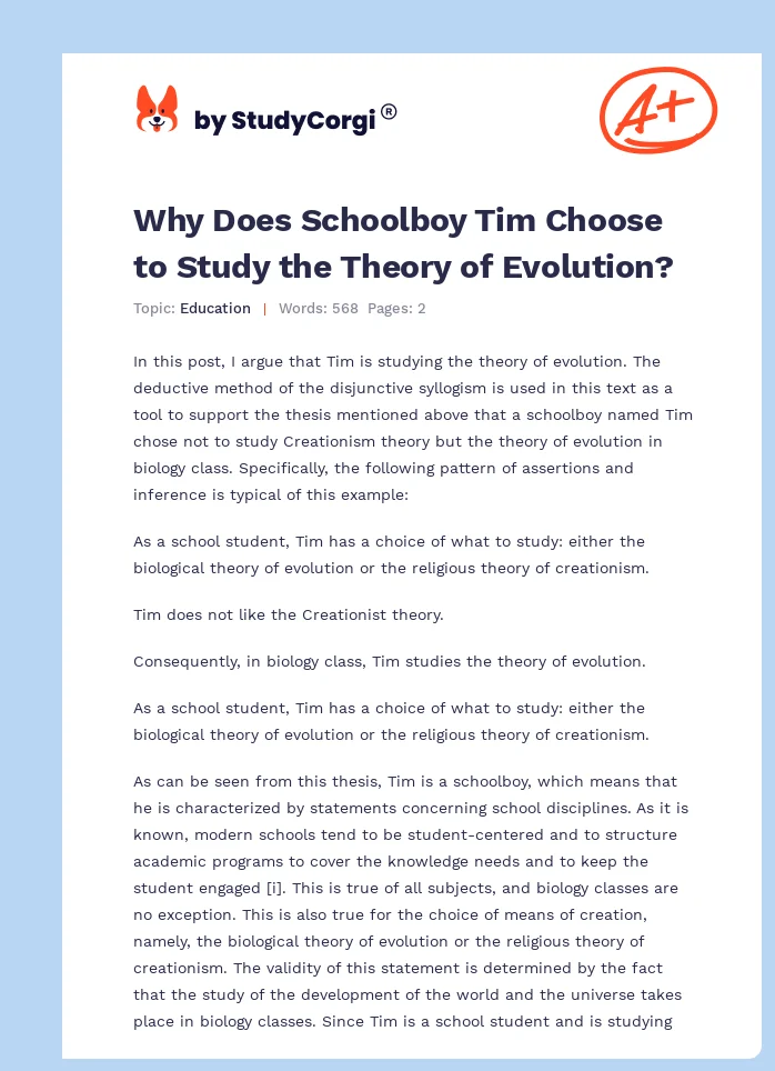 Why Does Schoolboy Tim Choose to Study the Theory of Evolution?. Page 1