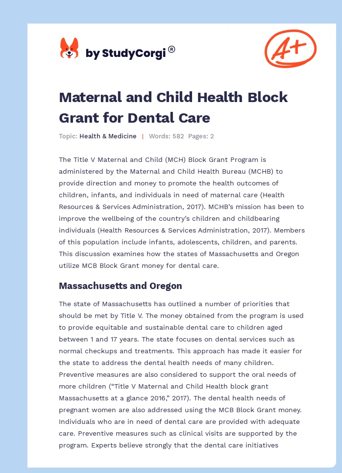 Maternal and Child Health Block Grant for Dental Care. Page 1