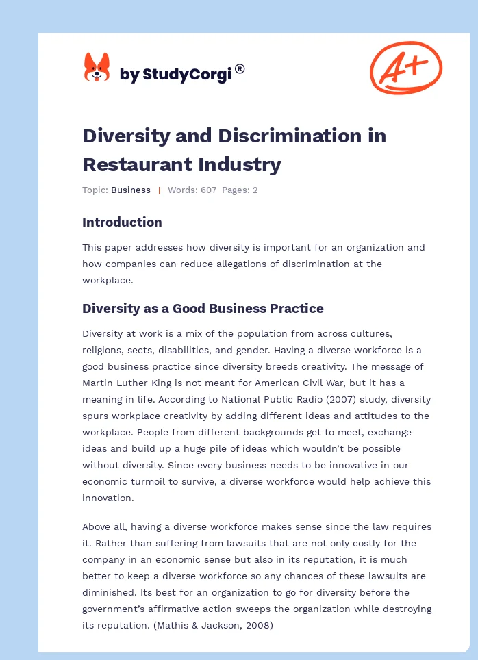 Diversity and Discrimination in Restaurant Industry. Page 1