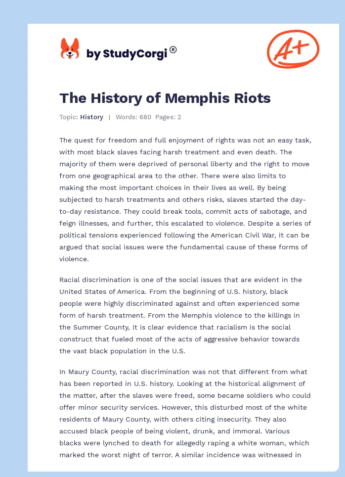 The History of Memphis Riots. Page 1