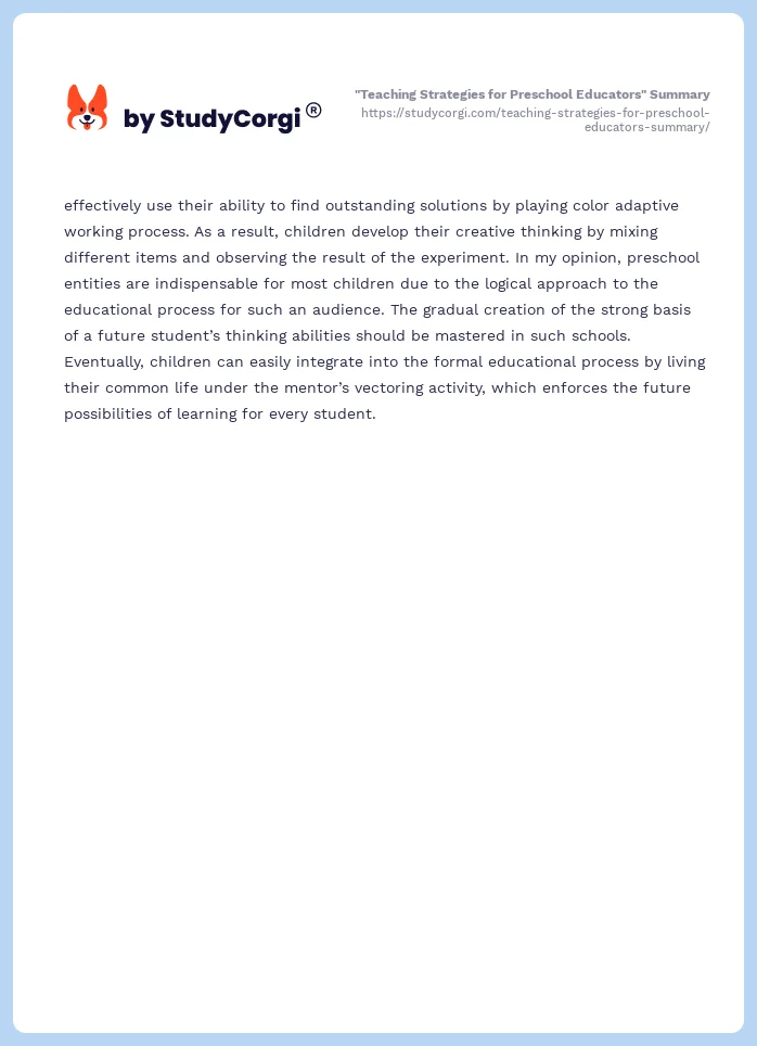 "Teaching Strategies for Preschool Educators" Summary. Page 2