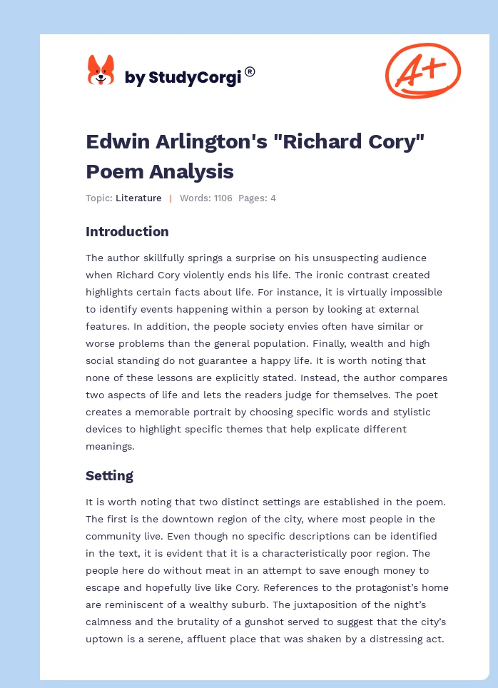 Edwin Arlington's "Richard Cory" Poem Analysis. Page 1