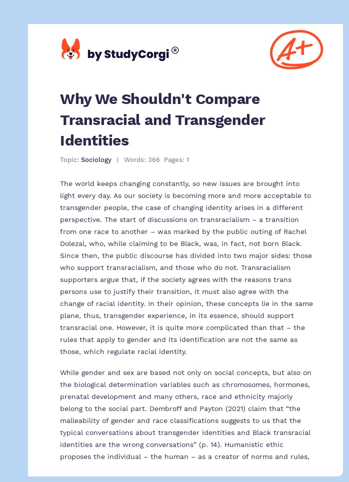 Why We Shouldn't Compare Transracial and Transgender Identities. Page 1