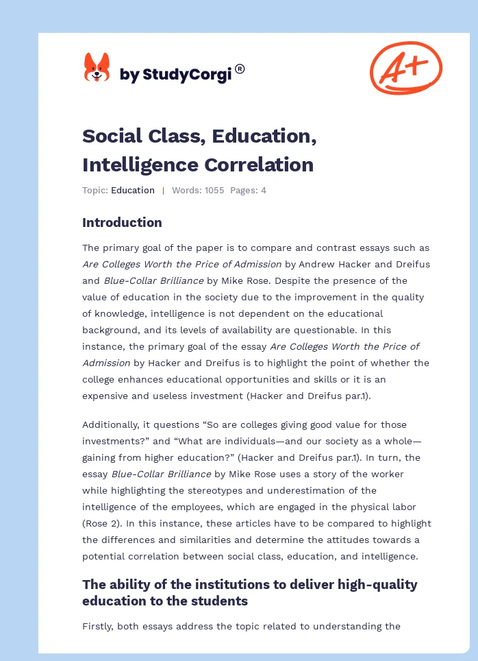 Social Class, Education, Intelligence Correlation. Page 1