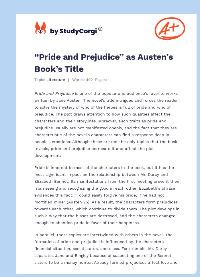 “Pride and Prejudice” as Austen’s Book’s Title. Page 1