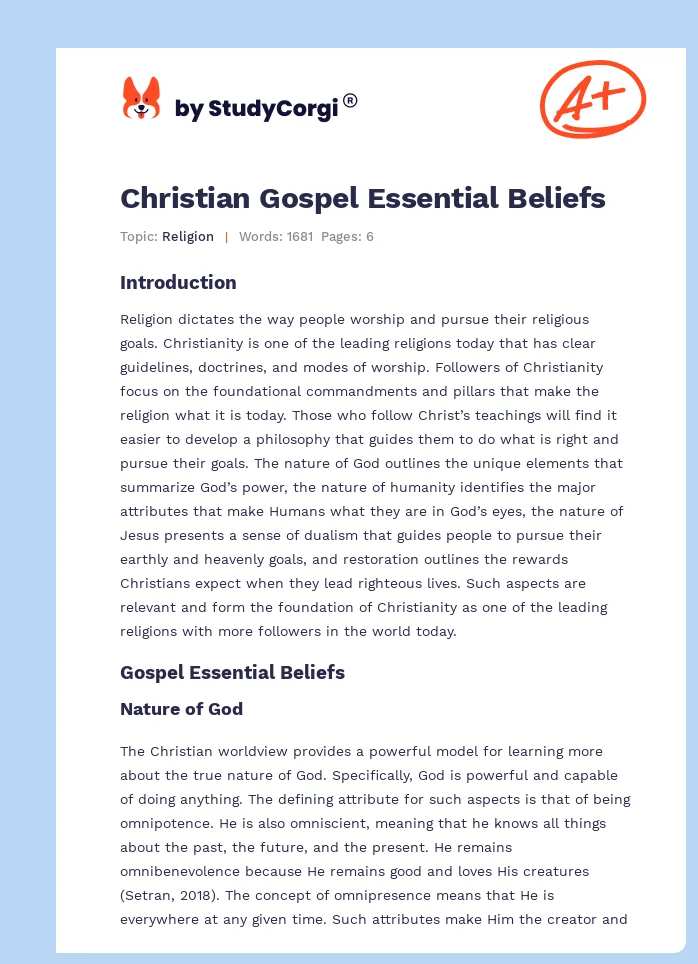 Christian Gospel Essential Beliefs. Page 1