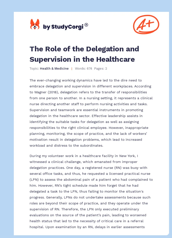 The Role of the Delegation and Supervision in the Healthcare. Page 1