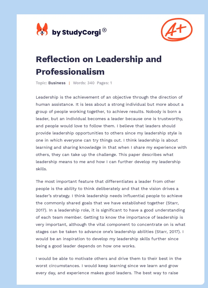 Reflection on Leadership and Professionalism. Page 1