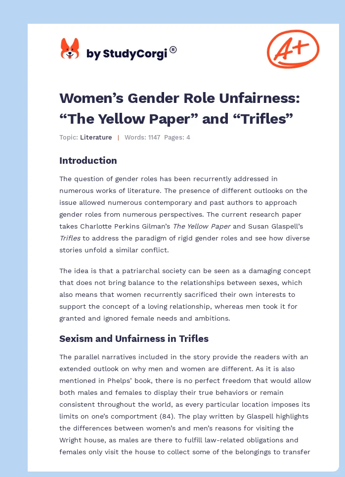Women’s Gender Role Unfairness: “The Yellow Paper” and “Trifles”. Page 1