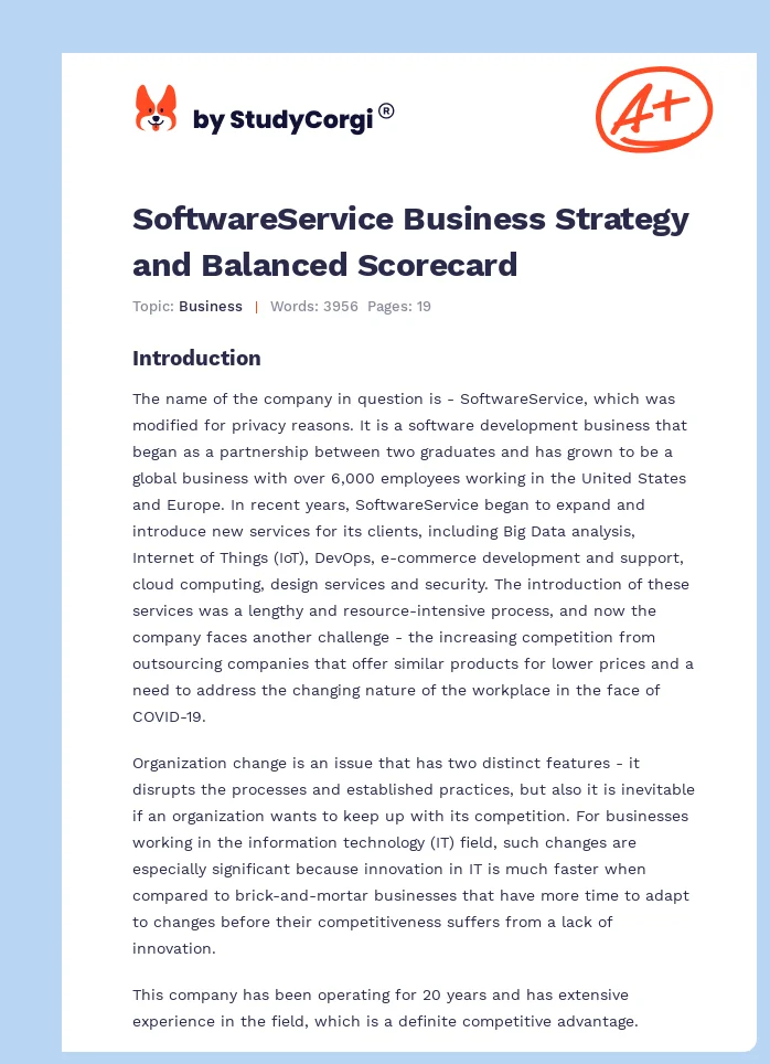 SoftwareService Business Strategy and Balanced Scorecard. Page 1