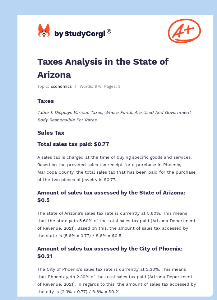Taxes Analysis in the State of Arizona. Page 1