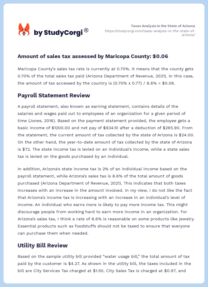 Taxes Analysis in the State of Arizona. Page 2