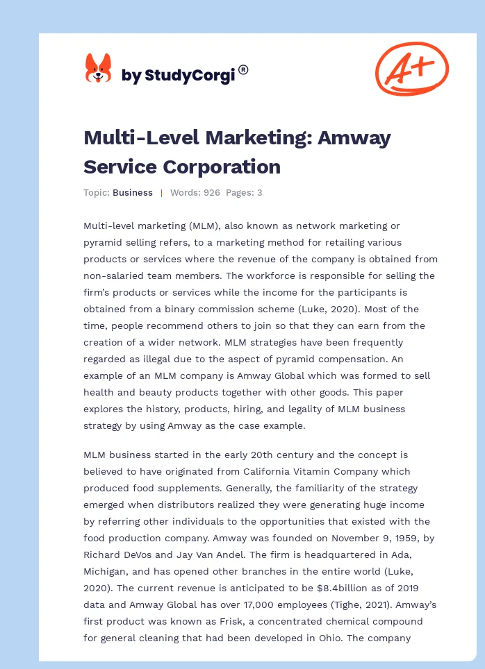 Multi-Level Marketing: Amway Service Corporation. Page 1