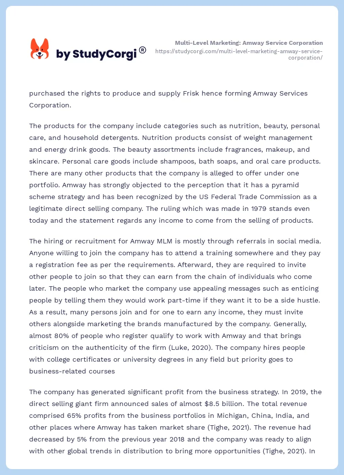 Multi-Level Marketing: Amway Service Corporation. Page 2