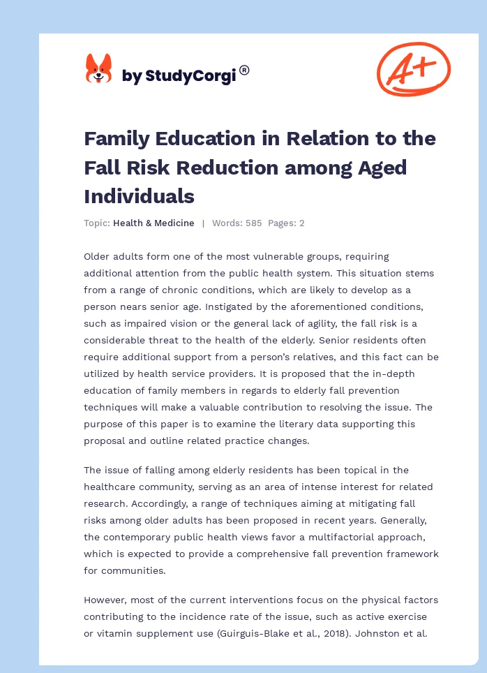Family Education in Relation to the Fall Risk Reduction among Aged Individuals. Page 1
