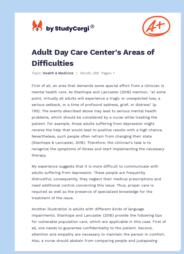 Adult Day Care Center's Areas of Difficulties. Page 1