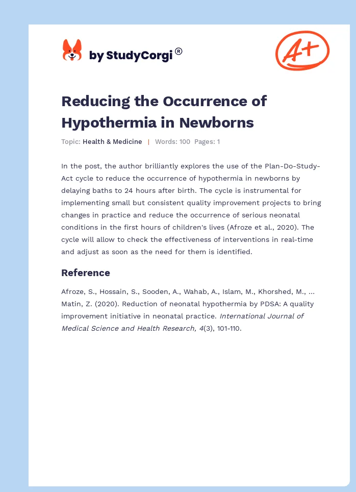 Reducing the Occurrence of Hypothermia in Newborns. Page 1