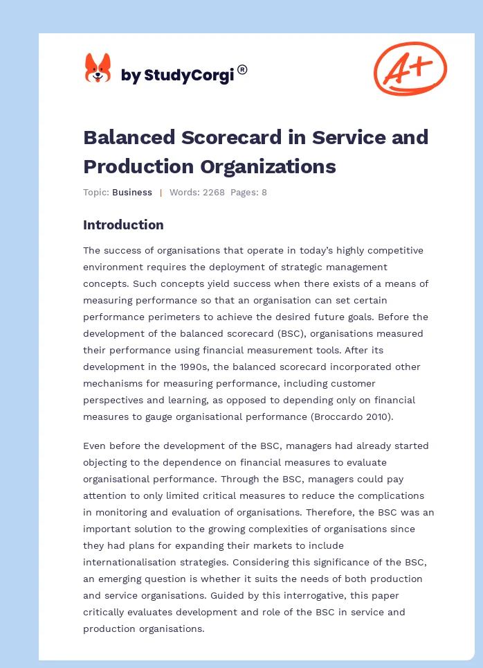 Balanced Scorecard in Service and Production Organizations. Page 1