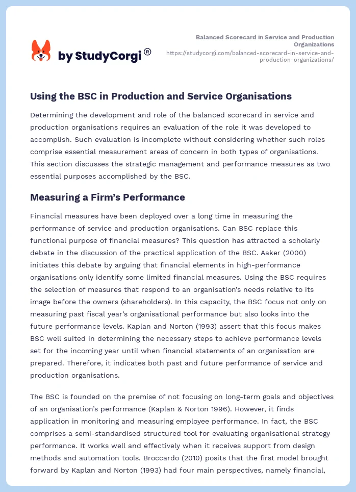 Balanced Scorecard in Service and Production Organizations. Page 2