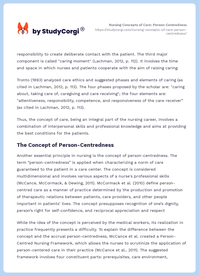 Nursing Concepts of Care: Person-Centredness. Page 2