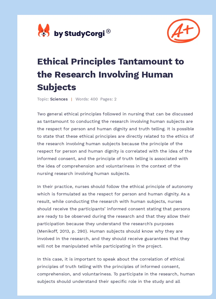 Ethical Principles Tantamount to the Research Involving Human Subjects. Page 1