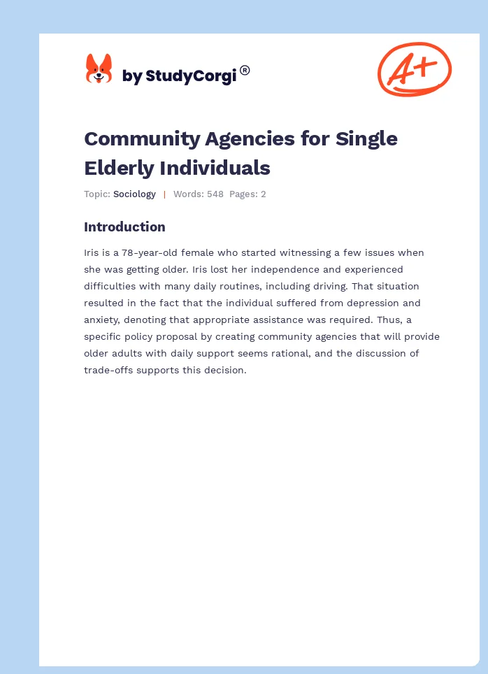 Community Agencies for Single Elderly Individuals. Page 1