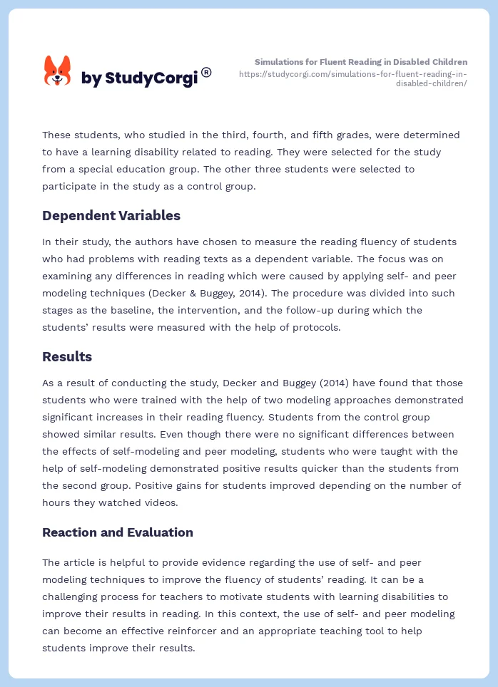 Simulations for Fluent Reading in Disabled Children. Page 2