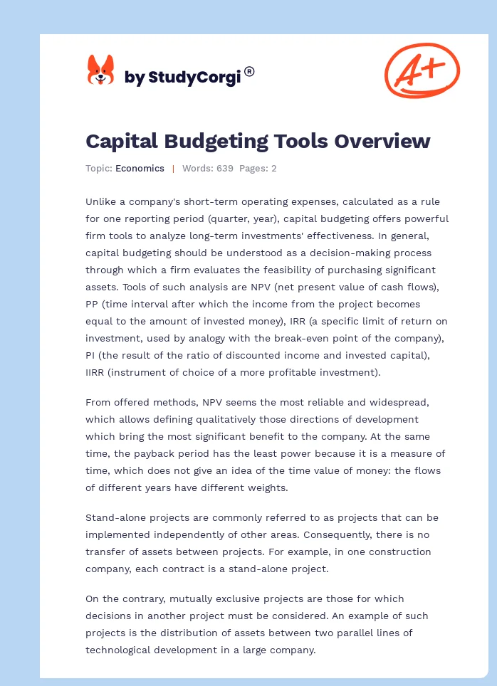 Capital Budgeting Tools Overview. Page 1