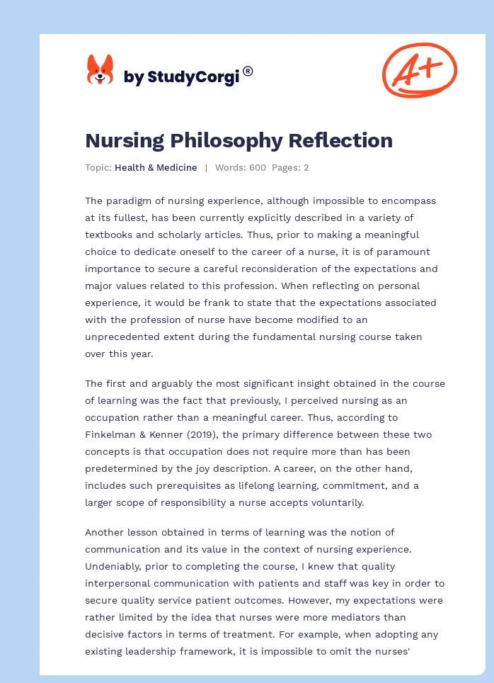 Nursing Philosophy Reflection. Page 1