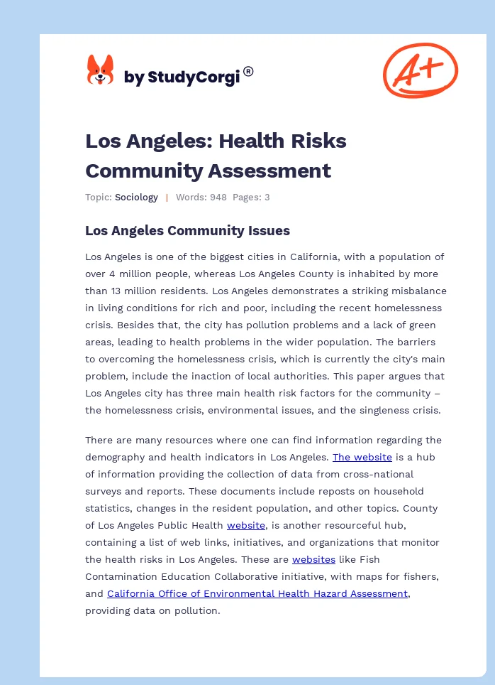 Los Angeles: Health Risks Community Assessment. Page 1