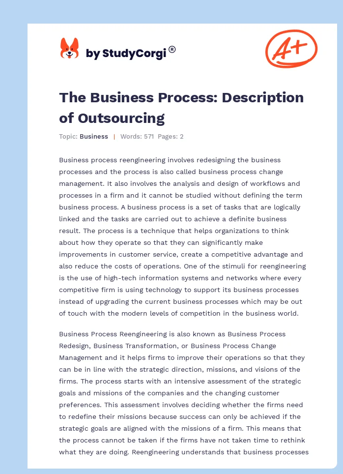 The Business Process: Description of Outsourcing. Page 1