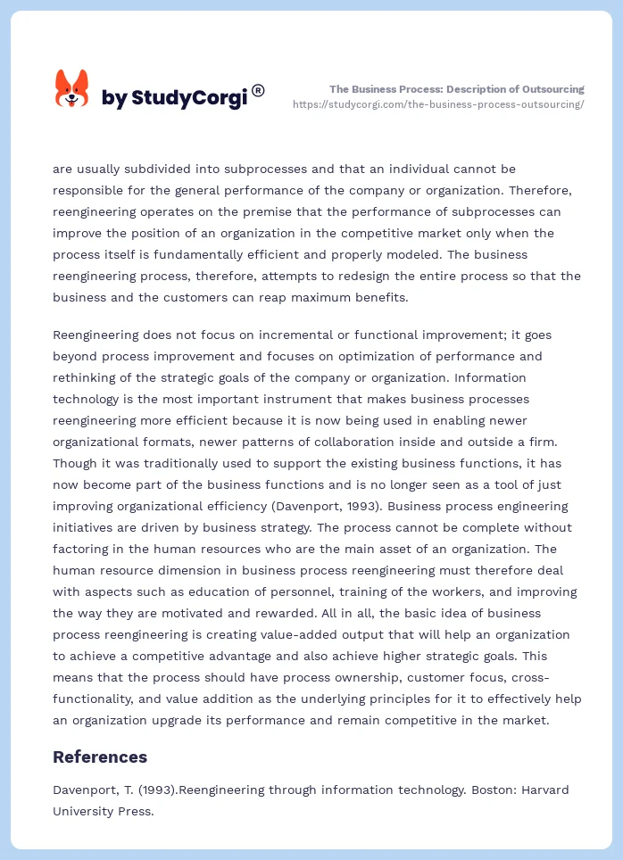 The Business Process: Description of Outsourcing. Page 2