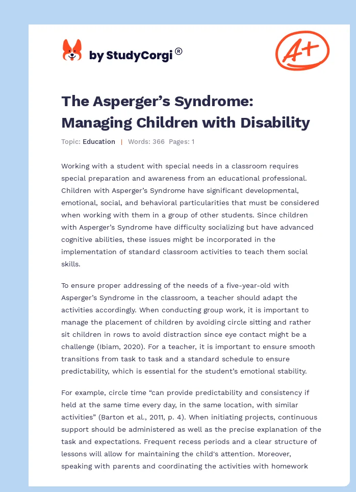 The Asperger’s Syndrome: Managing Children with Disability. Page 1