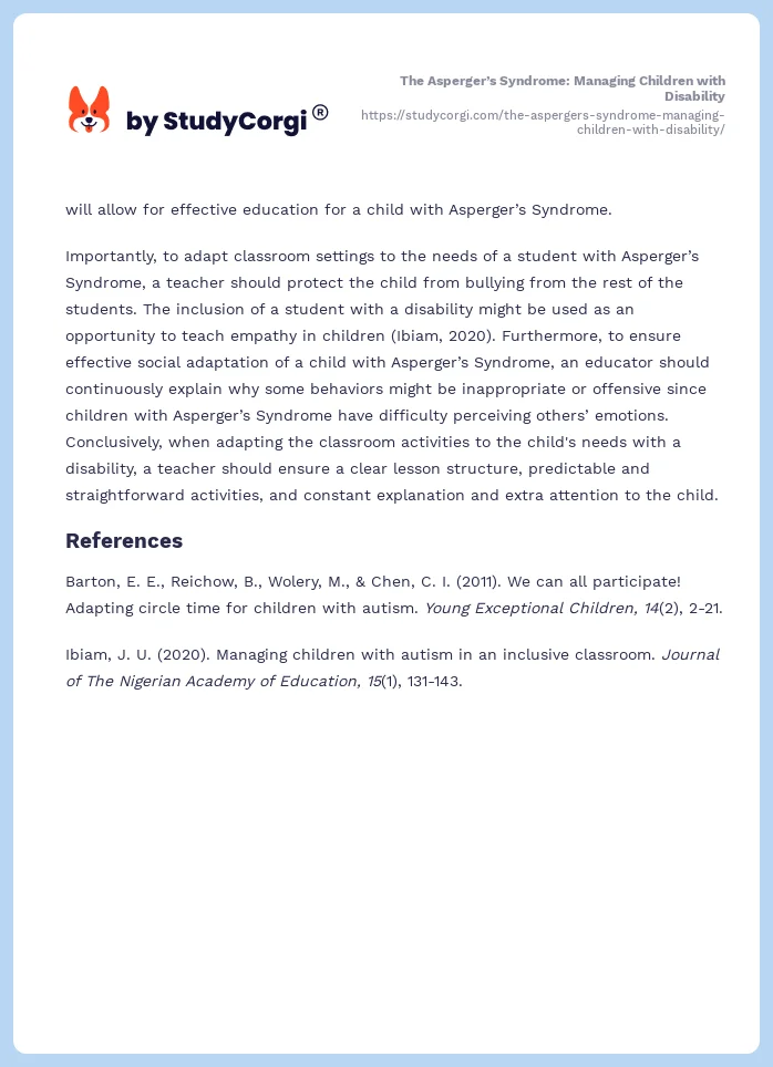 The Asperger’s Syndrome: Managing Children with Disability. Page 2