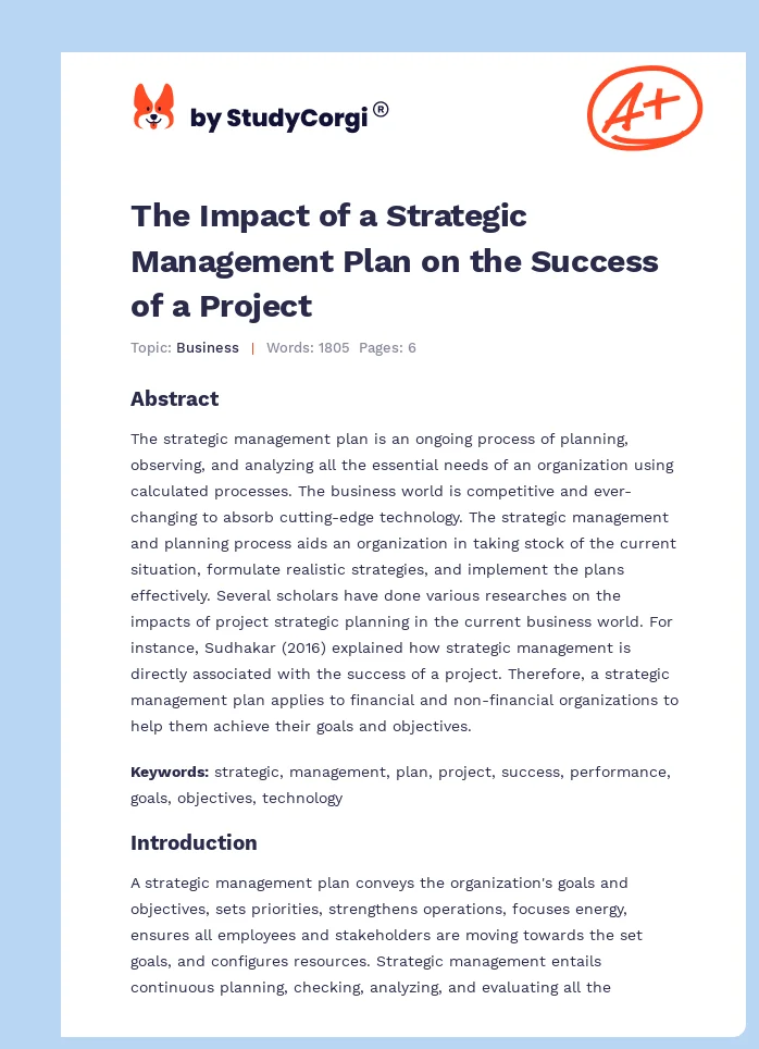 The Impact of a Strategic Management Plan on the Success of a Project. Page 1