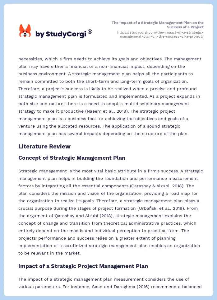 The Impact of a Strategic Management Plan on the Success of a Project. Page 2