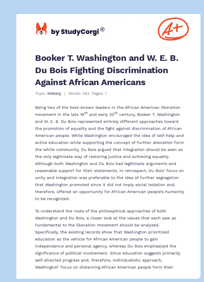 Booker T. Washington and W. E. B. Du Bois Fighting Discrimination Against African Americans. Page 1