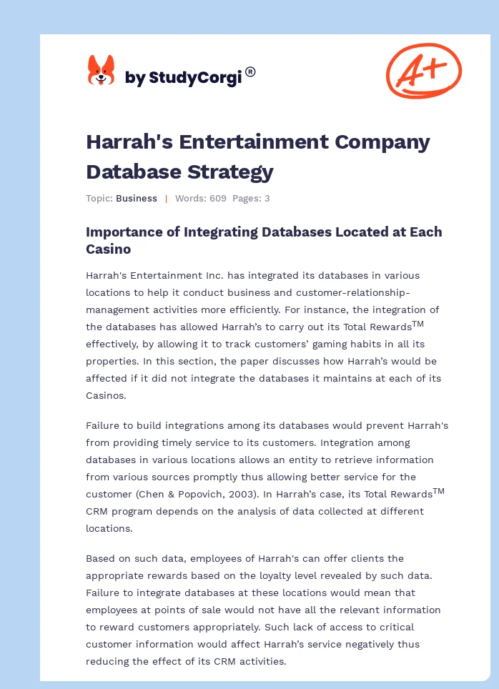 Harrah's Entertainment Company Database Strategy. Page 1