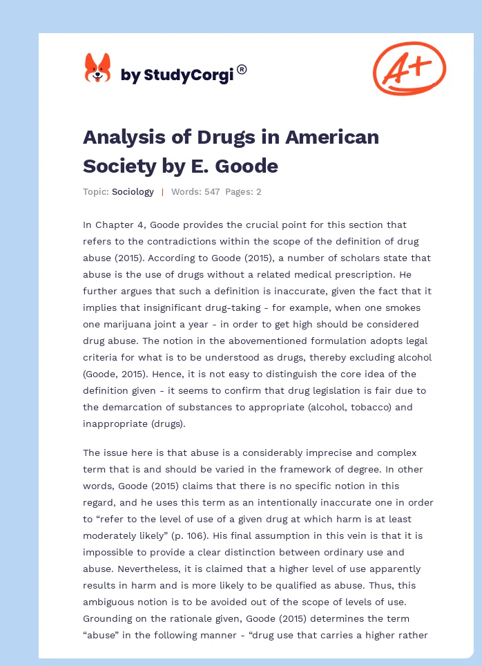 Analysis of Drugs in American Society by E. Goode. Page 1