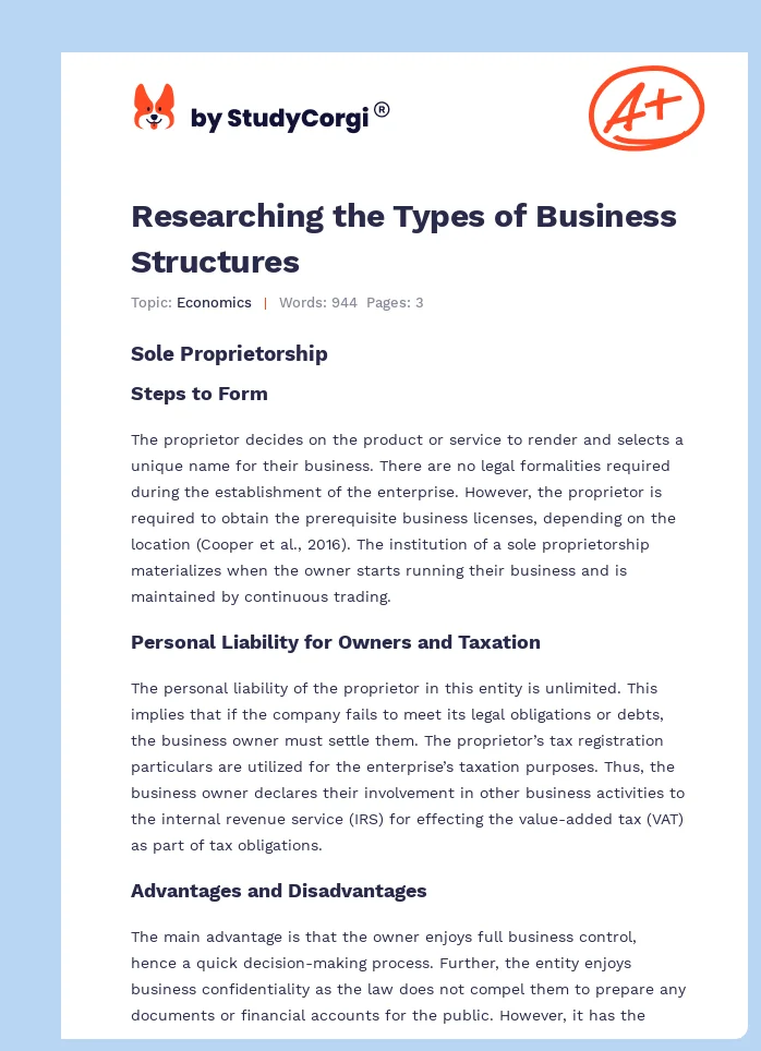 Researching the Types of Business Structures. Page 1
